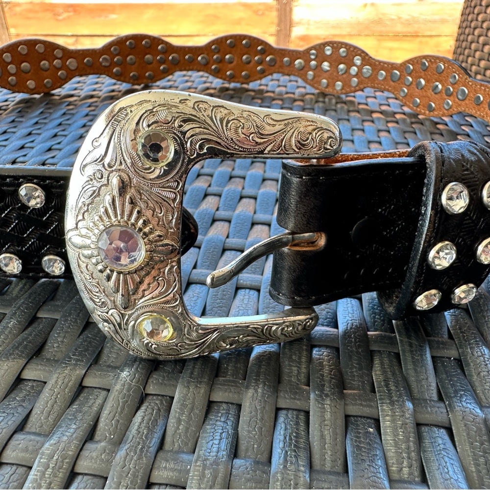Tony Lama Western Leather Belt Buckle Black Rhinestones C50363 Sz 34